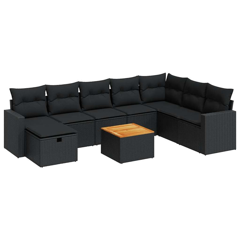 9 Piece Garden Sofa Set with Cushions Black Poly Rattan