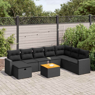 9 Piece Garden Sofa Set with Cushions Black Poly Rattan