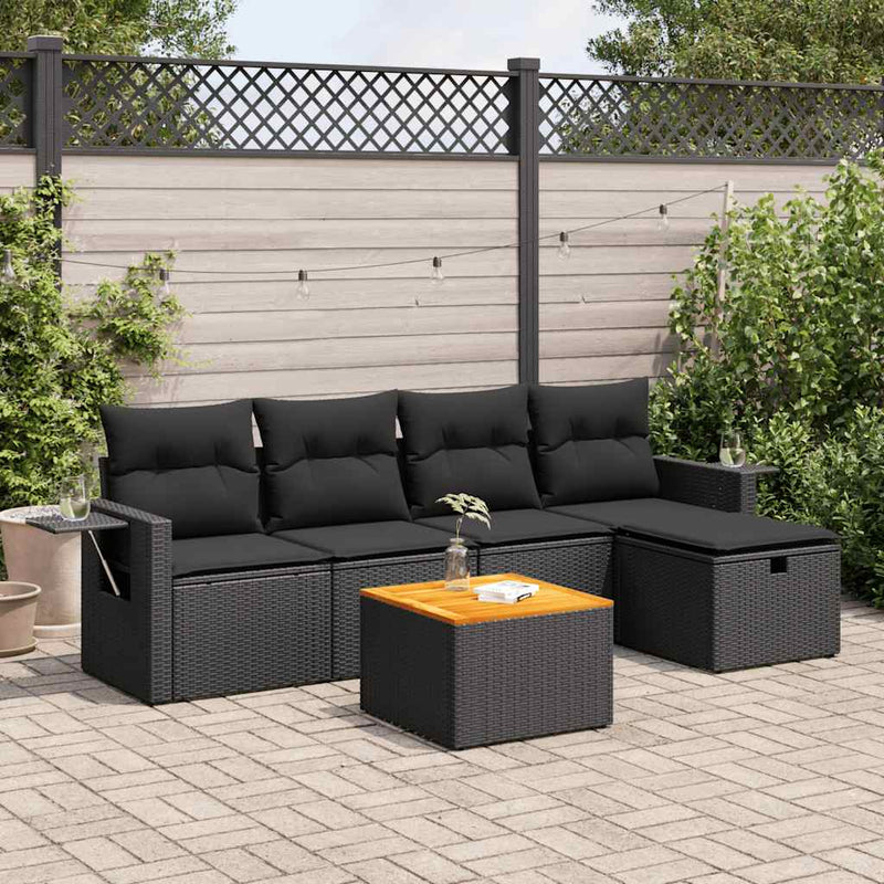 6 Piece Garden Sofa Set with Cushions Black Poly Rattan