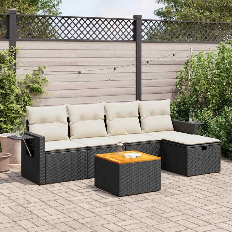 6 Piece Garden Sofa Set with Cushions Black Poly Rattan