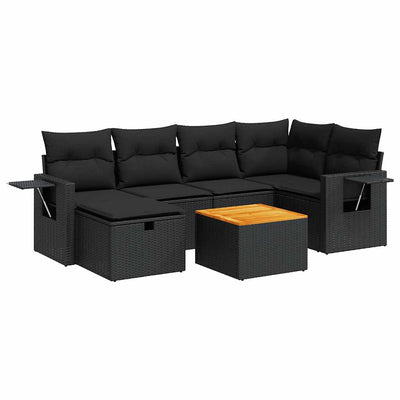 7 Piece Garden Sofa Set with Cushions Black Poly Rattan