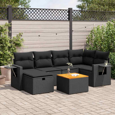 7 Piece Garden Sofa Set with Cushions Black Poly Rattan