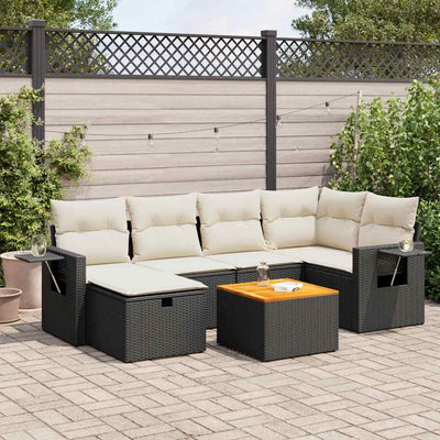 7 Piece Garden Sofa Set with Cushions Black Poly Rattan