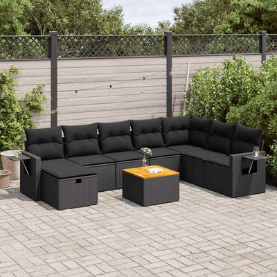 9 Piece Garden Sofa Set with Cushions Black Poly Rattan