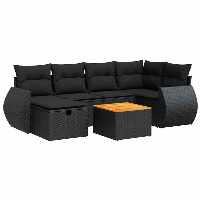 7 Piece Garden Sofa Set with Cushions Black Poly Rattan