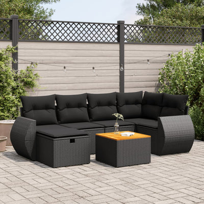 7 Piece Garden Sofa Set with Cushions Black Poly Rattan