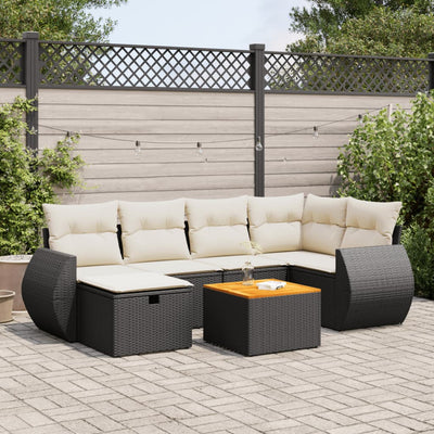 7 Piece Garden Sofa Set with Cushions Black Poly Rattan