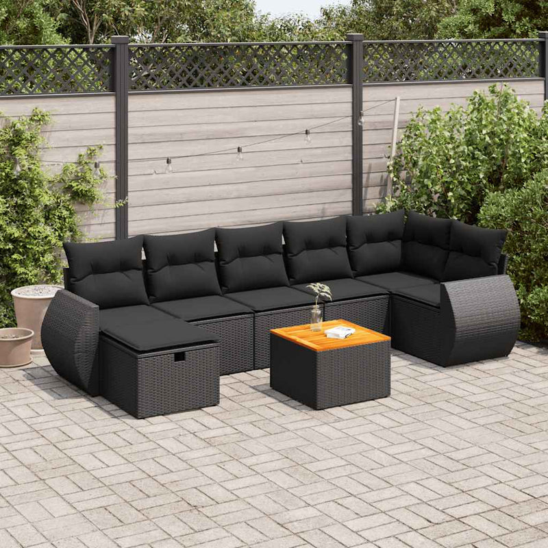 8 Piece Garden Sofa Set with Cushions Black Poly Rattan