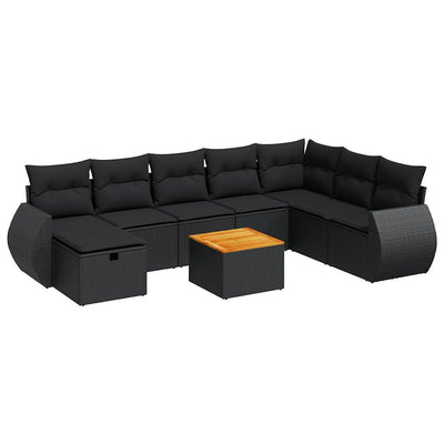 9 Piece Garden Sofa Set with Cushions Black Poly Rattan