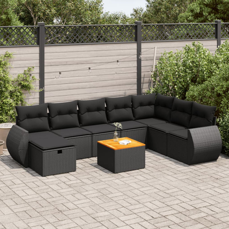 9 Piece Garden Sofa Set with Cushions Black Poly Rattan