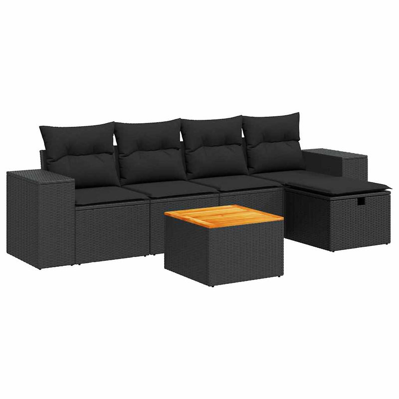 6 Piece Garden Sofa Set with Cushions Black Poly Rattan