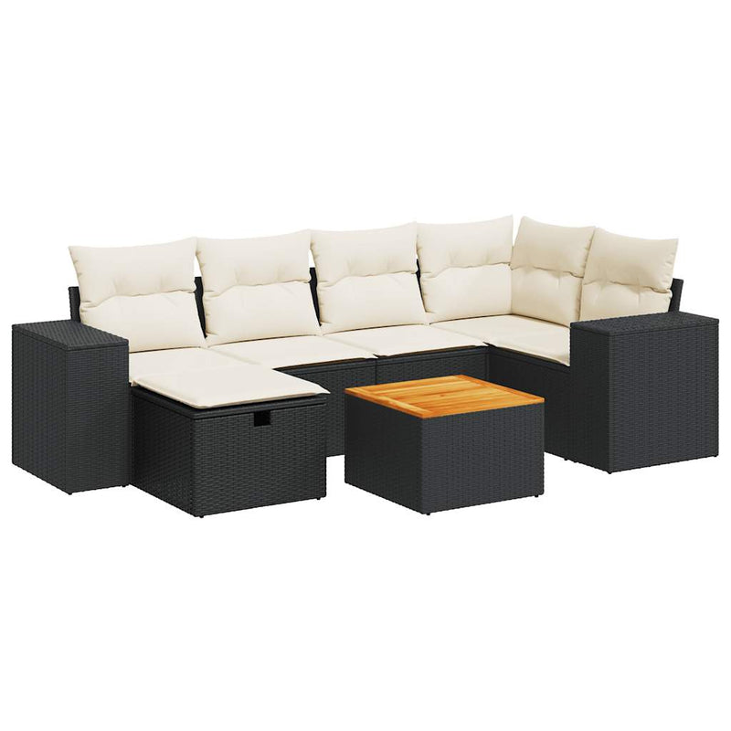 7 Piece Garden Sofa Set with Cushions Black Poly Rattan