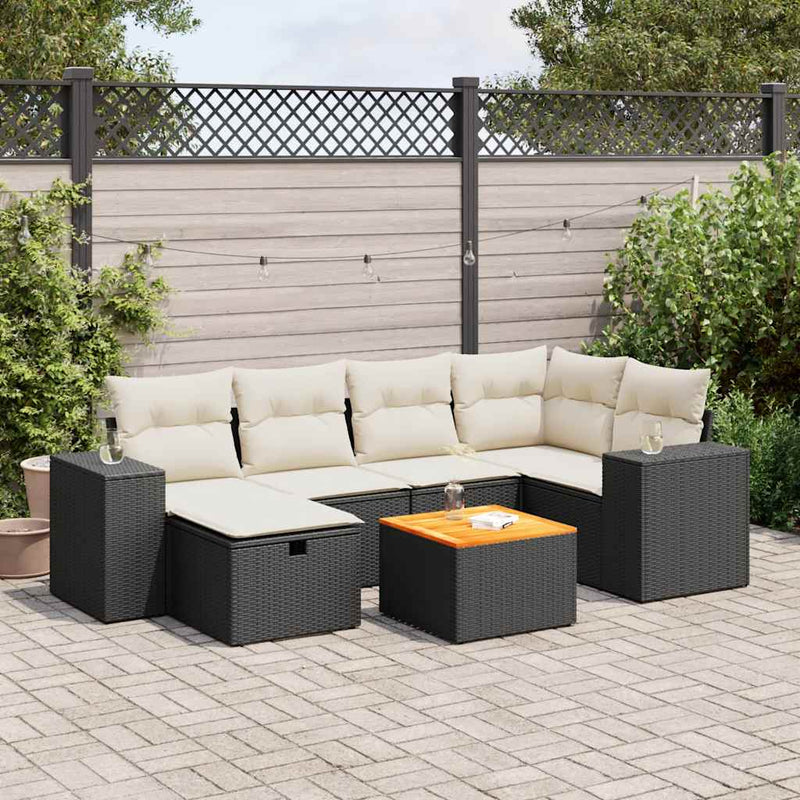 7 Piece Garden Sofa Set with Cushions Black Poly Rattan