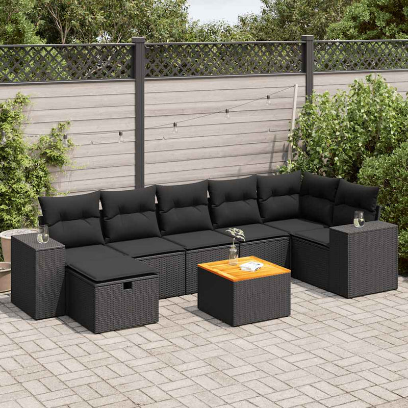 8 Piece Garden Sofa Set with Cushions Black Poly Rattan