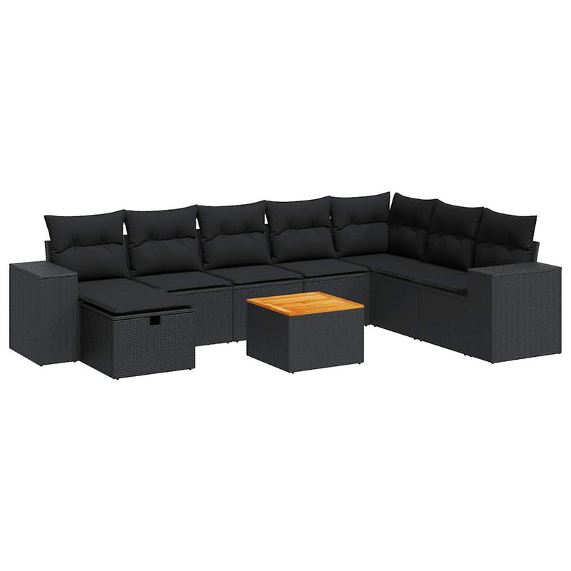 9 Piece Garden Sofa Set with Cushions Black Poly Rattan