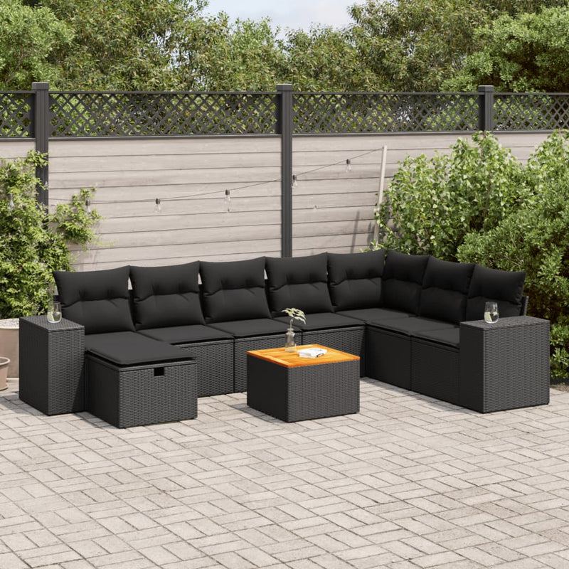 9 Piece Garden Sofa Set with Cushions Black Poly Rattan