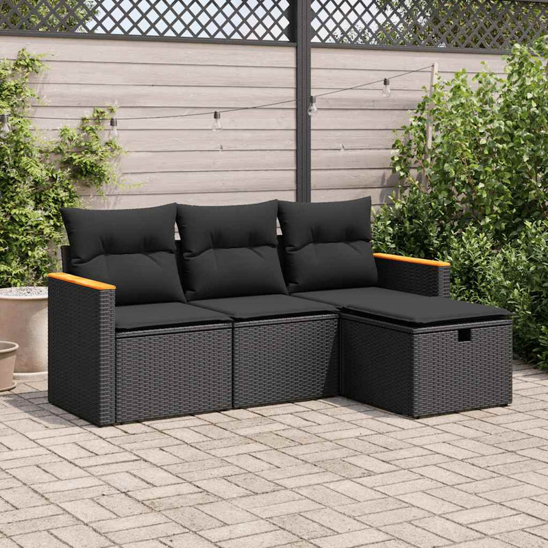 4 Piece Garden Sofa Set with Cushions Black Poly Rattan