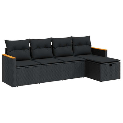 5 Piece Garden Sofa Set with Cushions Black Poly Rattan