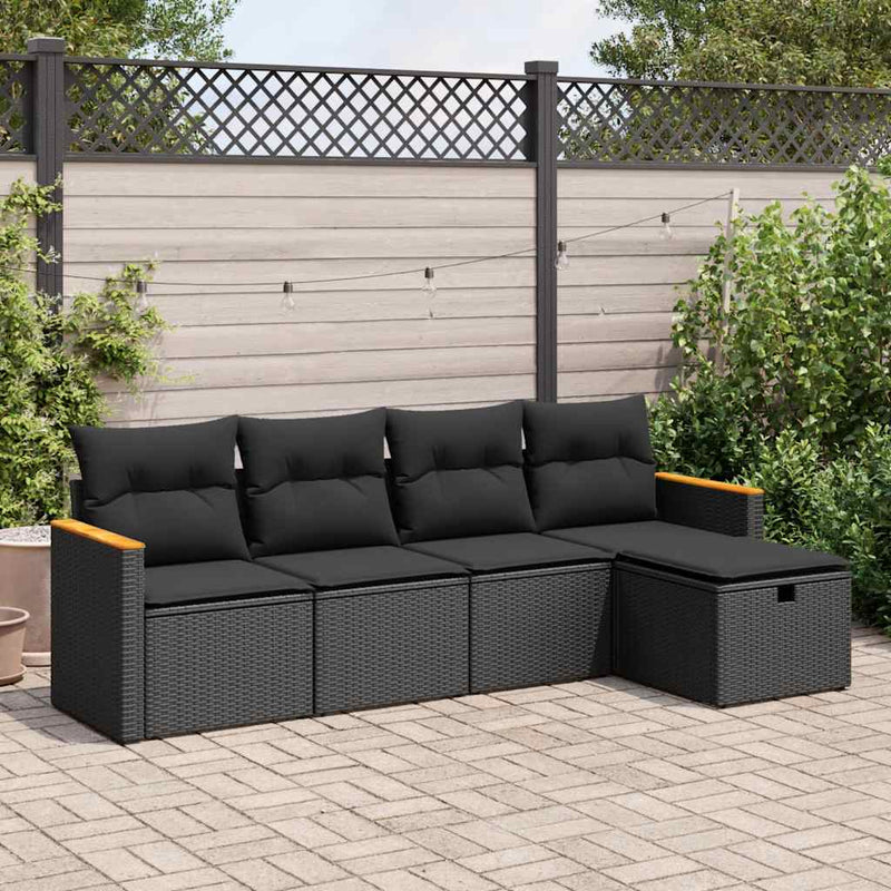 5 Piece Garden Sofa Set with Cushions Black Poly Rattan