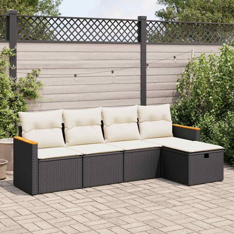 5 Piece Garden Sofa Set with Cushions Black Poly Rattan