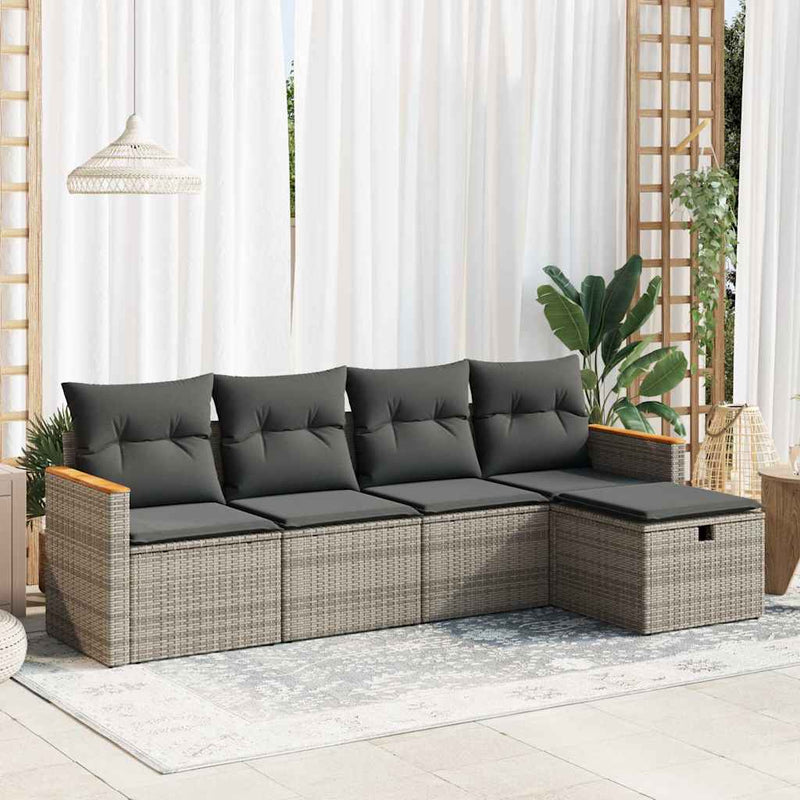 5 Piece Garden Sofa Set with Cushions Grey Poly Rattan