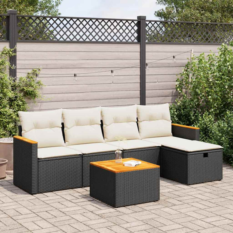 6 Piece Garden Sofa Set with Cushions Black Poly Rattan