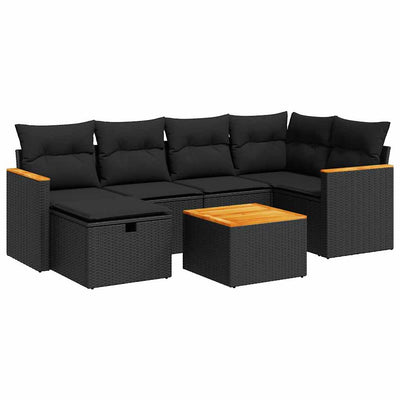 7 Piece Garden Sofa Set with Cushions Black Poly Rattan