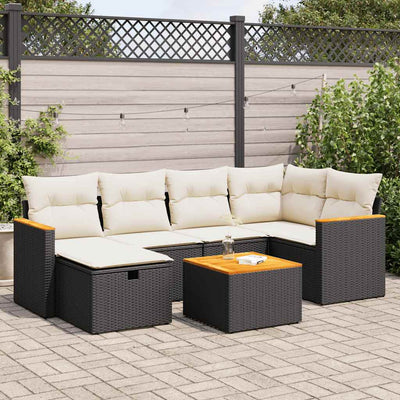 7 Piece Garden Sofa Set with Cushions Black Poly Rattan