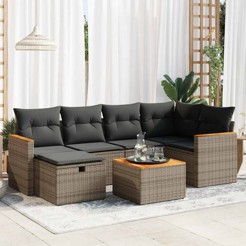 7 Piece Garden Sofa Set with Cushions Grey Poly Rattan