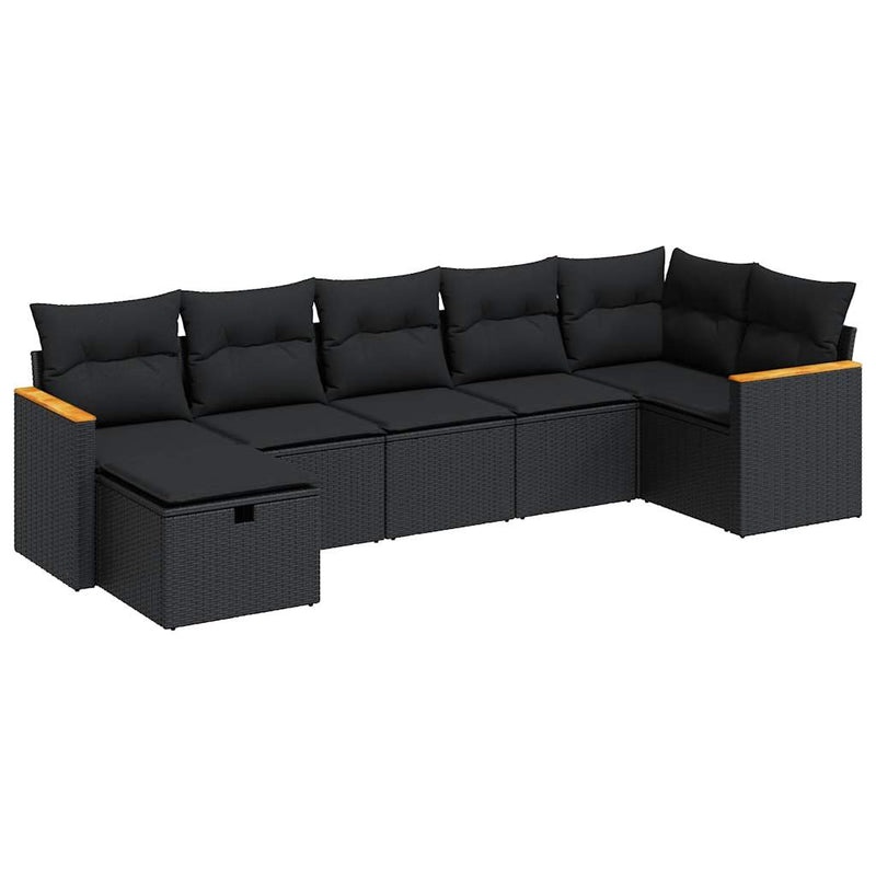 7 Piece Garden Sofa Set with Cushions Black Poly Rattan