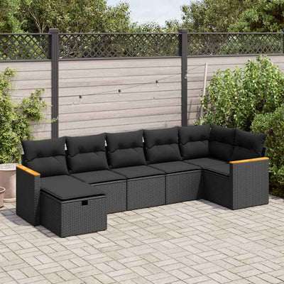 7 Piece Garden Sofa Set with Cushions Black Poly Rattan