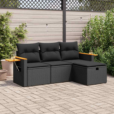 4 Piece Garden Sofa Set with Cushions Black Poly Rattan