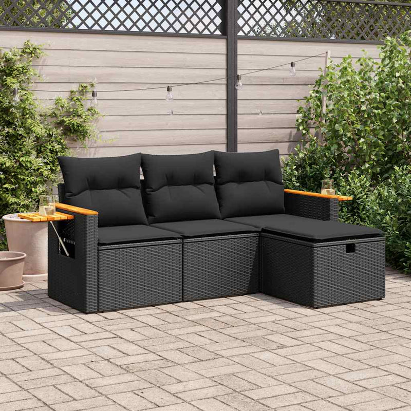 4 Piece Garden Sofa Set with Cushions Black Poly Rattan