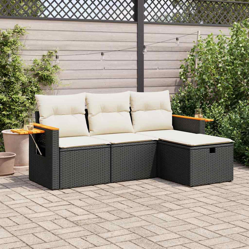 4 Piece Garden Sofa Set with Cushions Black Poly Rattan