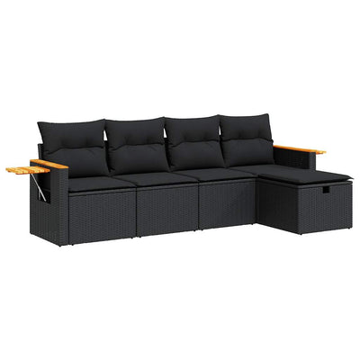 5 Piece Garden Sofa Set with Cushions Black Poly Rattan