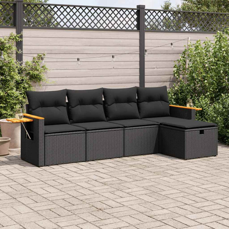 5 Piece Garden Sofa Set with Cushions Black Poly Rattan