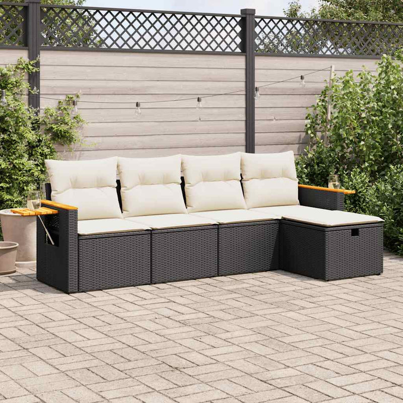 5 Piece Garden Sofa Set with Cushions Black Poly Rattan