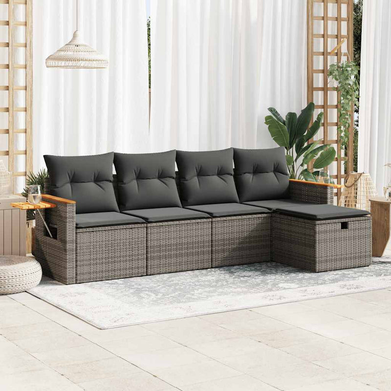 5 Piece Garden Sofa Set with Cushions Grey Poly Rattan