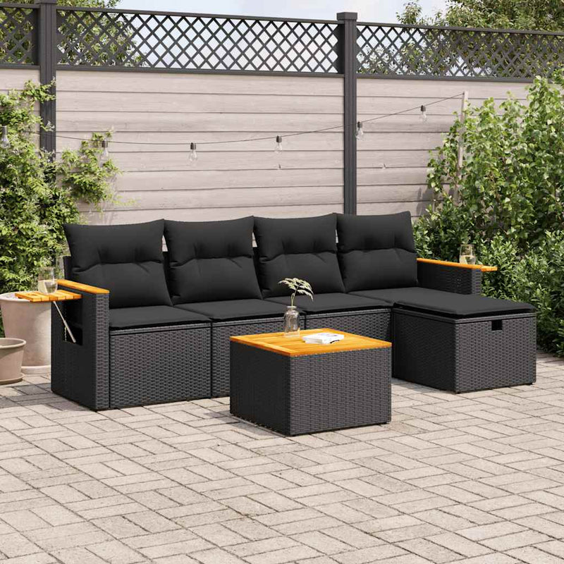 6 Piece Garden Sofa Set with Cushions Black Poly Rattan