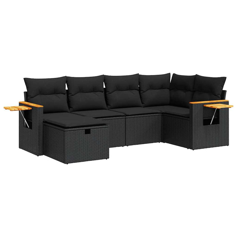 6 Piece Garden Sofa Set with Cushions Black Poly Rattan