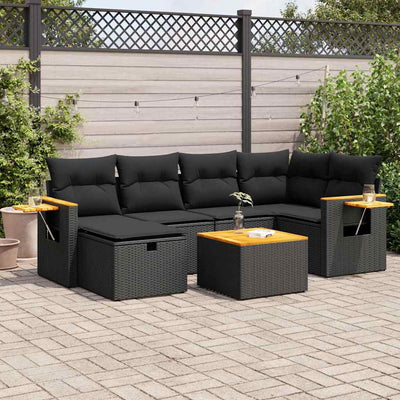 7 Piece Garden Sofa Set with Cushions Black Poly Rattan