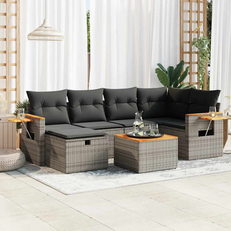 7 Piece Garden Sofa Set with Cushions Grey Poly Rattan