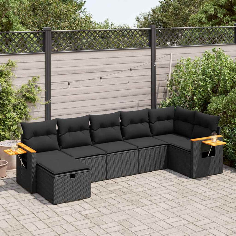 7 Piece Garden Sofa Set with Cushions Black Poly Rattan