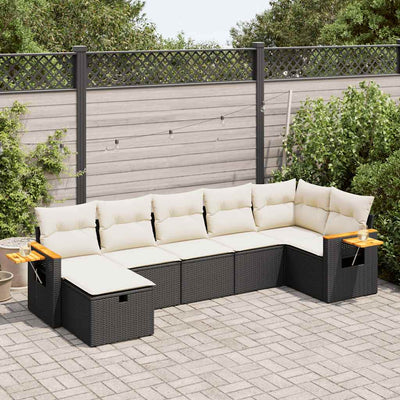 7 Piece Garden Sofa Set with Cushions Black Poly Rattan