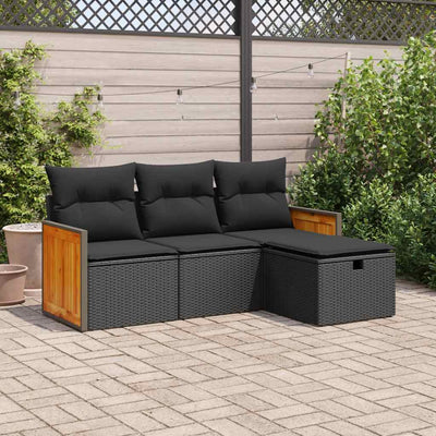 4 Piece Garden Sofa Set with Cushions Black Poly Rattan