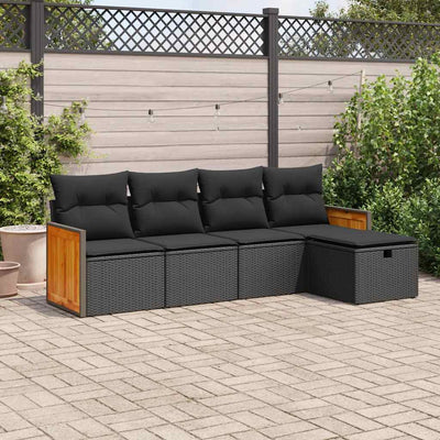 5 Piece Garden Sofa Set with Cushions Black Poly Rattan