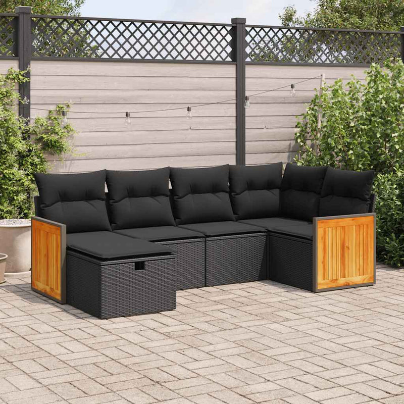 6 Piece Garden Sofa Set with Cushions Black Poly Rattan