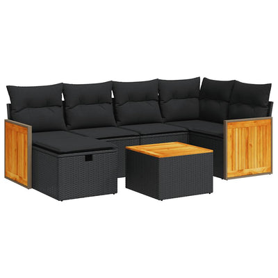 7 Piece Garden Sofa Set with Cushions Black Poly Rattan