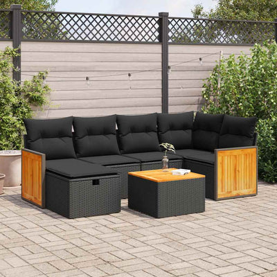 7 Piece Garden Sofa Set with Cushions Black Poly Rattan