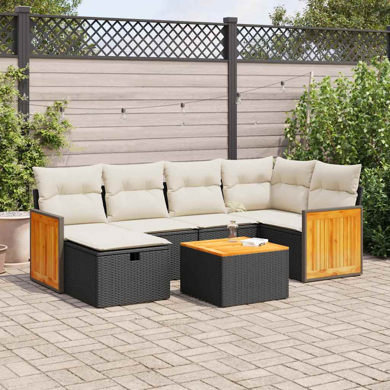 7 Piece Garden Sofa Set with Cushions Black Poly Rattan